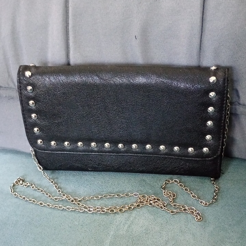 Black Faux Leather Studded Chain, Clutch, New